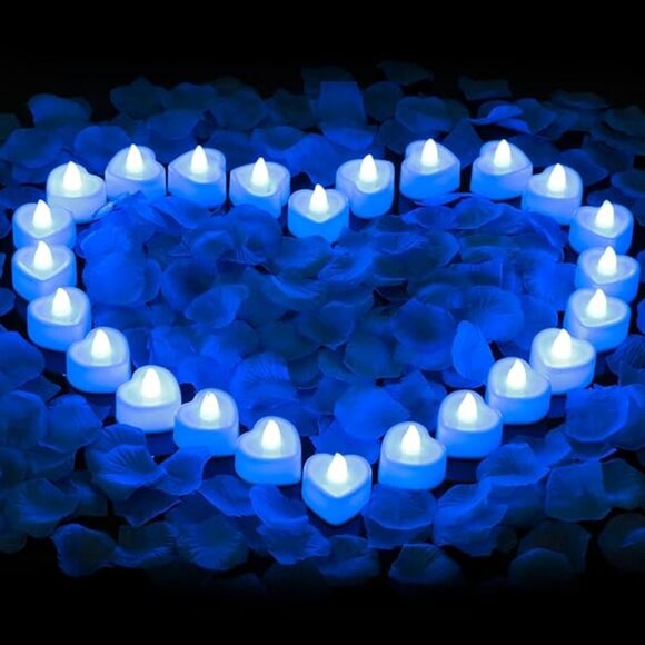 Blue Artificial Rose Petals and 24 Blue Flameless LED Candles Set - Picture 1 of 6